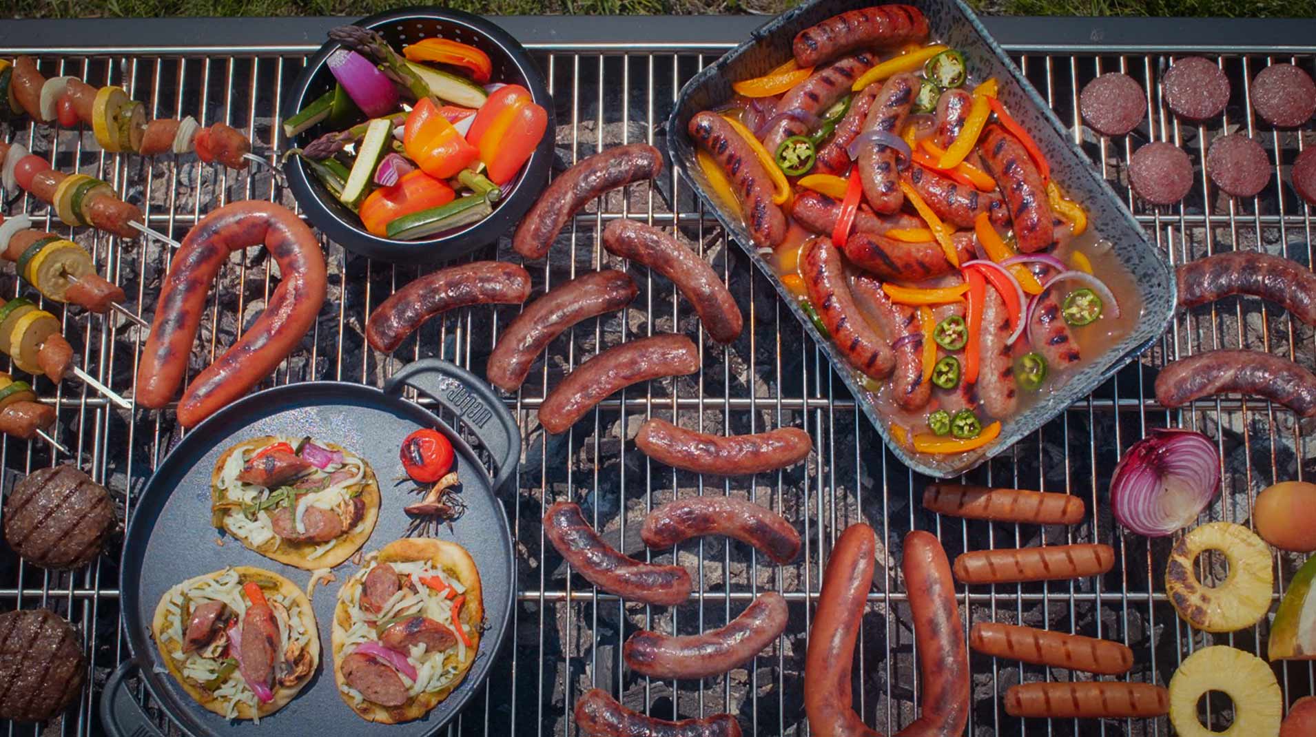 Johnsonville sausage & vegitibales in grill